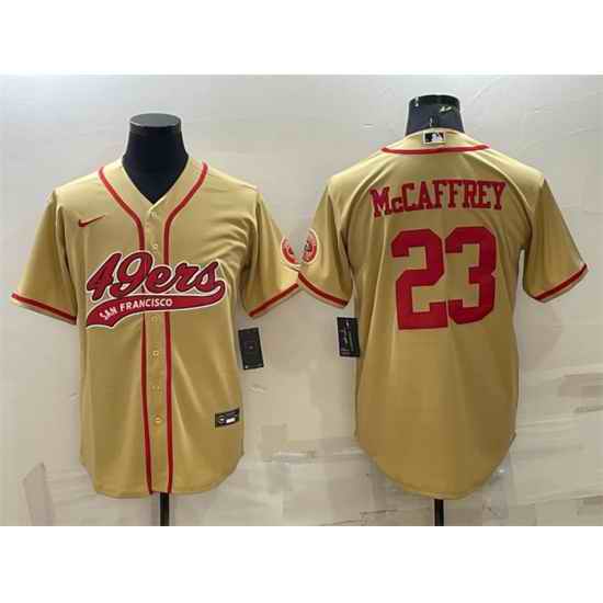 Men San Francisco 49ers #23 Christian McCaffrey Gold With Patch Cool Base Stitched Baseball Jersey