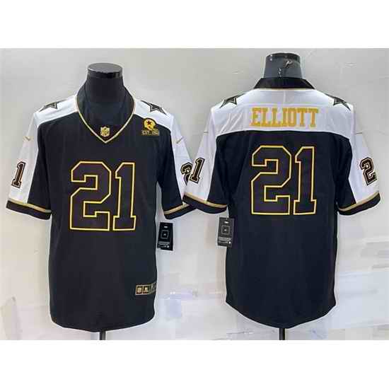 Men Dallas Cowboys #21 Ezekiel Elliott Black Gold Thanksgiving With Patch Stitched Jersey