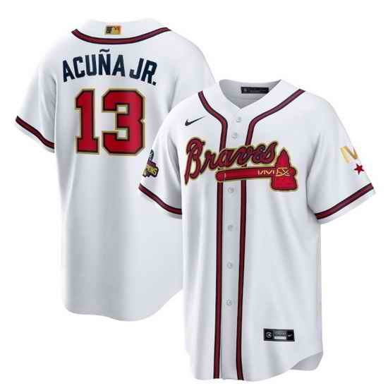 Youth Atlanta Braves #13 Ronald Acu F1a Jr 2022 White Gold World Series Champions Program Cool Base Stitched Jersey