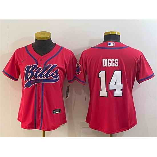 Women Buffalo Bills #14 Stefon Diggs Red With Patch Cool Base Stitched Baseball Jersey
