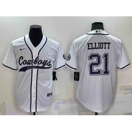 Men Dallas Cowboys #21 Ezekiel Elliott White Cool Base Stitched Baseball Jersey