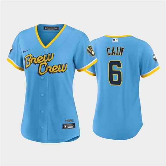 Women Milwaukee Brewers #6 Lorenzo Cain 2022 Powder Blue City Connect Cool Base Stitched Jersey 28Run Small 29