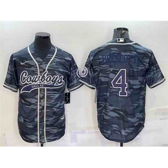 Men Dallas Cowboys #4 Dak Prescott Grey Navy Camo With Patch Cool Base Stitched Baseball Jersey
