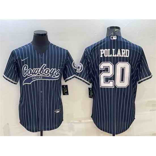 Men Dallas Cowboys #20 Tony Pollard Navy With Patch Cool Base Stitched Baseball Jersey