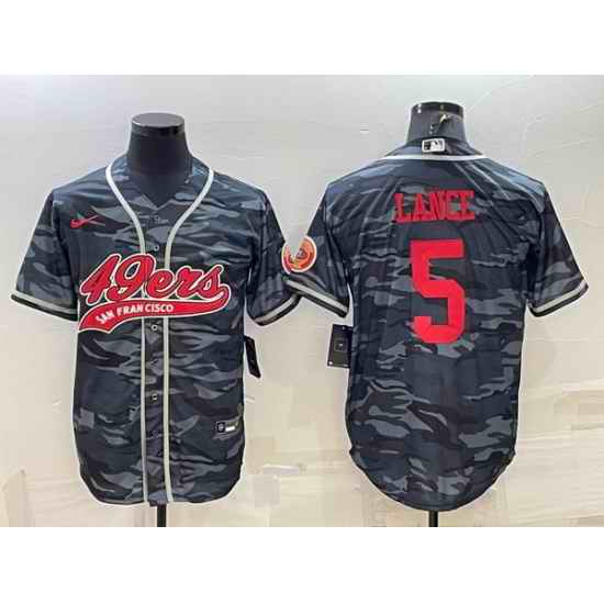 Men San Francisco 49ers #5 Trey Lance Grey Red Camo With Patch Cool Base Stitched Baseball Jersey