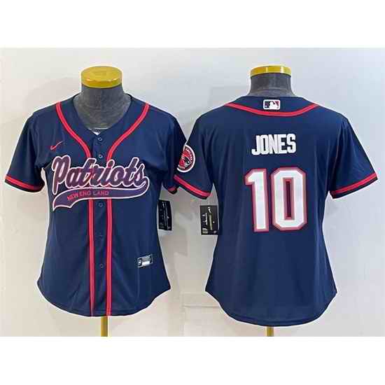 Women New England Patriots #10 Mac Jones Navy With Patch Cool Base Stitched Baseball Jersey