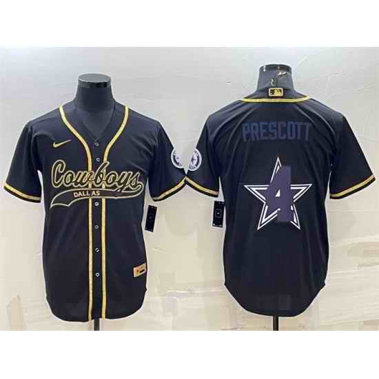 Men Dallas Cowboys #4 Dak Prescott Black Gold Team Big Logo With Patch Cool Base Stitched Baseball Jersey