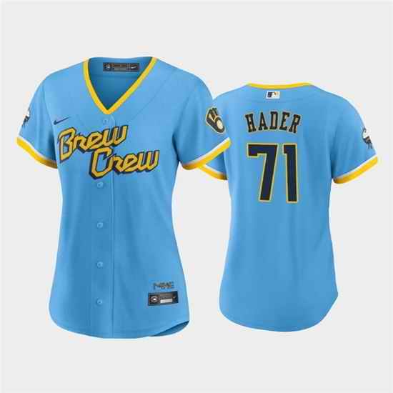 Women Milwaukee Brewers #71 Josh Hader 2022 Powder Blue City Connect Cool Base Stitched Jersey 28Run Small 29