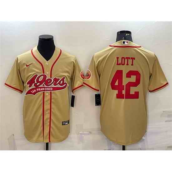 Men San Francisco 49ers #42 Ronnie Lott Gold With Patch Cool Base Stitched Baseball Jersey