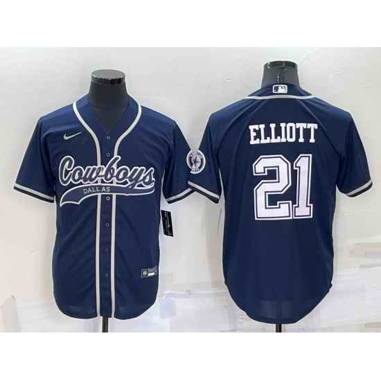 Men Dallas Cowboys #21 Ezekiel Elliott Navy Cool Base Stitched Baseball Jersey