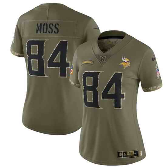 Women Minnesota Vikings #84 Randy Moss 2022 Olive Salute To Service Limited Stitched Jersey