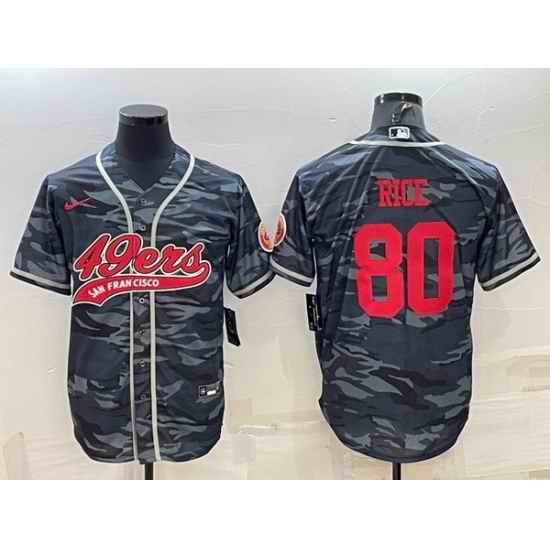 Men San Francisco 49ers #80 Jerry Rice Grey Red Camo With Patch Cool Base Stitched Baseball Jersey