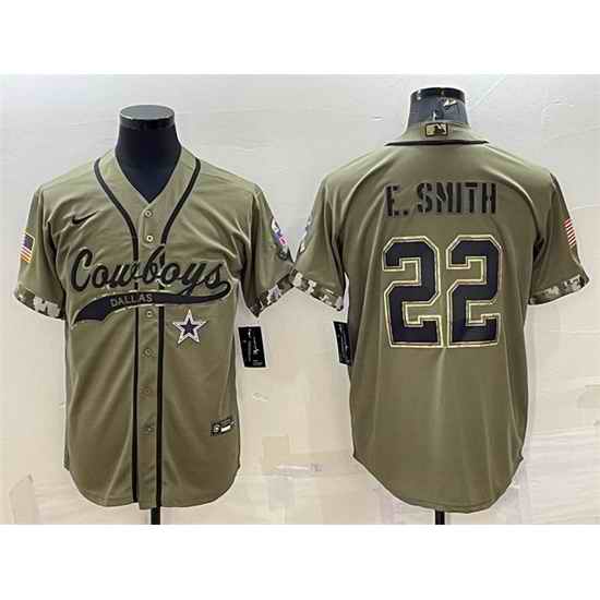 Men Dallas Cowboys #22 Emmitt Smith 2022 Olive Salute To Service Cool Base Stitched Baseball Jersey