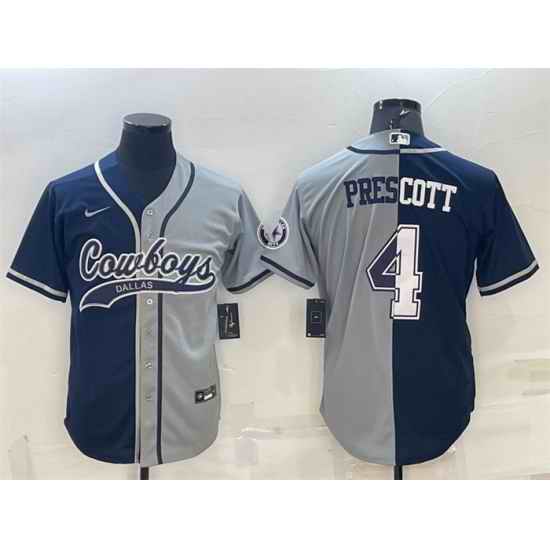 Men Dallas Cowboys #4 Dak Prescott Navy Grey Split With Patch Cool Base Stitched Baseball Jersey