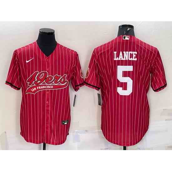 Men San Francisco 49ers #5 Trey Lance Red With Patch Cool Base Stitched Baseball Jersey