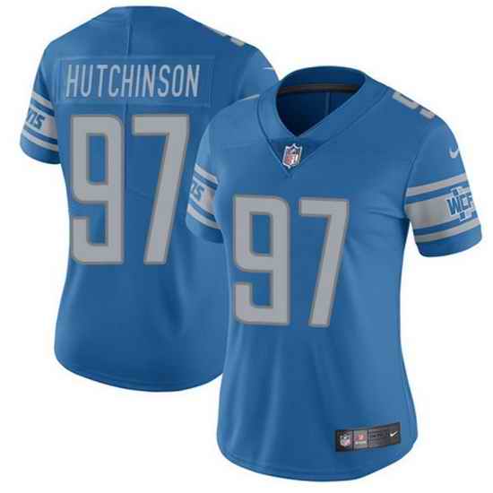 Women Detroit Lions #97 Aidan Hutchinson Blue Vapor Limited Stitched Football Jersey 28Run Smaller 2