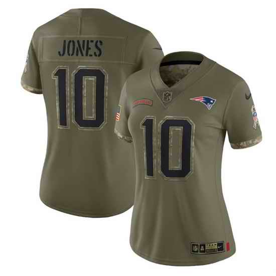 Women New England Patriots #10 Mac Jones Olive 2022 Salute To Service Limited Stitched Jersey