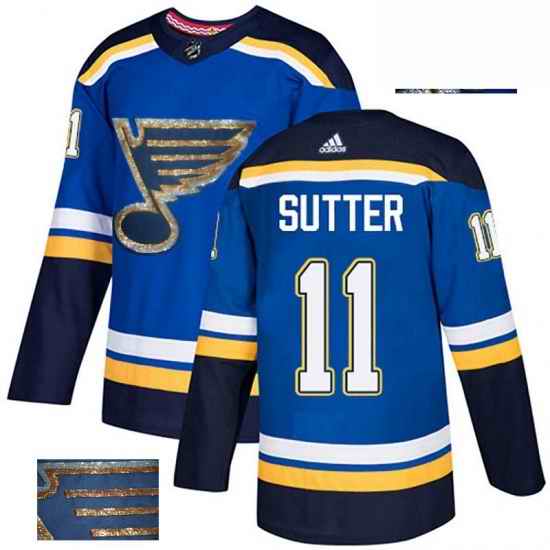 Mens Adidas St Louis Blues #11 Brian Sutter Authentic Royal Blue Fashion Gold NHL Jersey