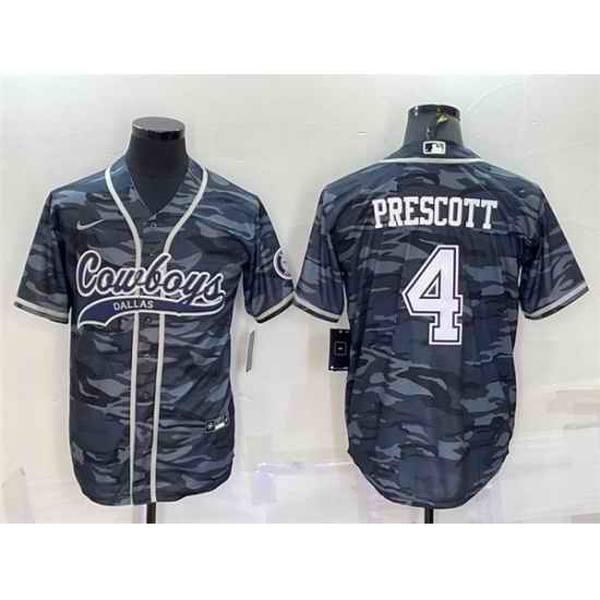 Men Dallas Cowboys #4 Dak Prescott Grey Camo With Patch Cool Base Stitched Baseball Jersey