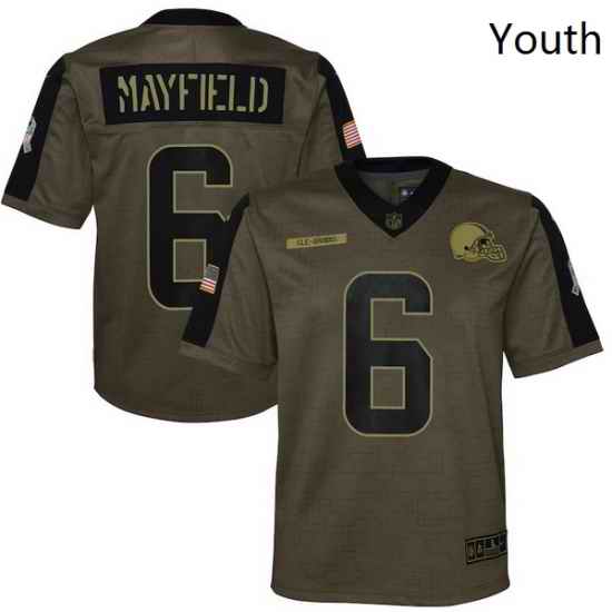 Youth Cleveland Browns Baker Mayfield Nike Olive 2021 Salute To Service Game Jersey