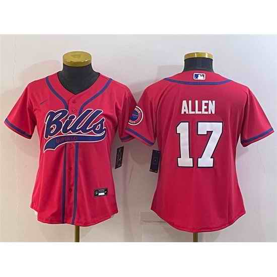 Women Buffalo Bills #17 Josh Allen Red With Patch Cool Base Stitched Baseball Jersey