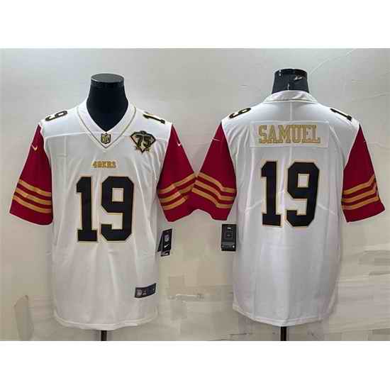 Men San Francisco 49ers #19 Deebo Samuel White Gold With 75th Anniversary Patch Stitched Jersey