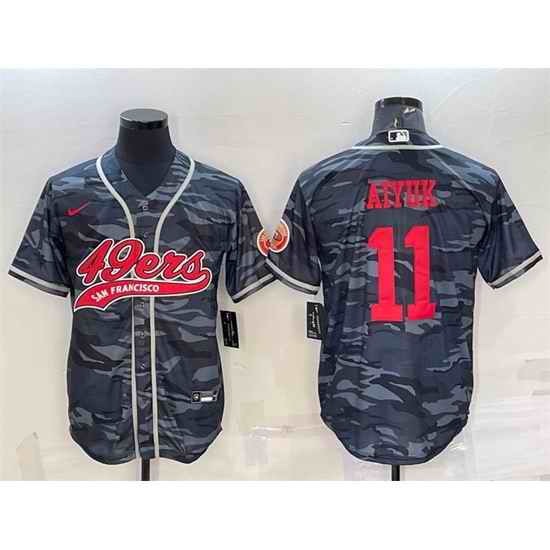 Men San Francisco 49ers #11 Brandon Aiyuk Grey Red Camo With Patch Cool Base Stitched Baseball Jersey