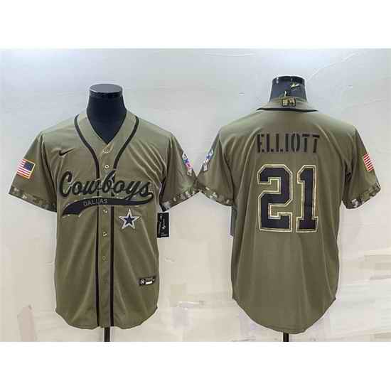 Men Dallas Cowboys #21 Ezekiel Elliott 2022 Olive Salute To Service Cool Base Stitched Baseball Jersey