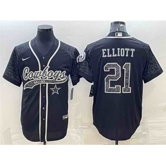 Men Dallas Cowboys #21 Ezekiel Elliott Black Reflective With Patch Cool Base Stitched Baseball Jersey