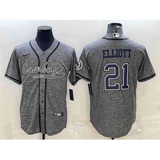 Men Dallas Cowboys #21 Ezekiel Elliott Grey With Patch Cool Base Stitched Baseball JerseyS