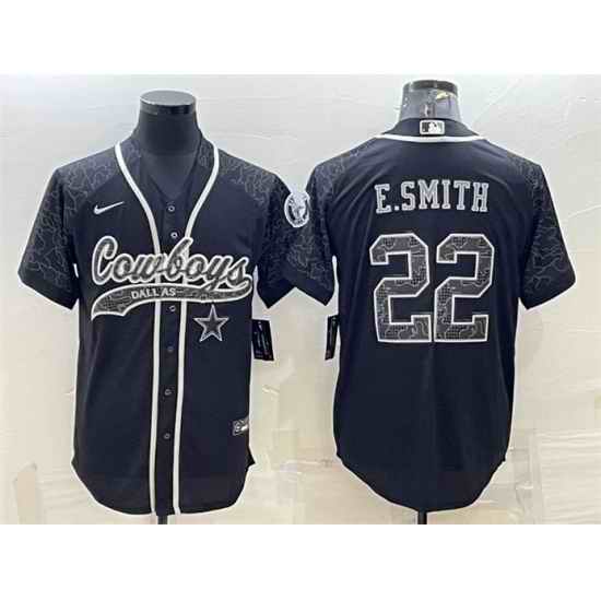 Men Dallas Cowboys #22 Emmitt Smith Black Reflective With Patch Cool Base Stitched Baseball Jersey