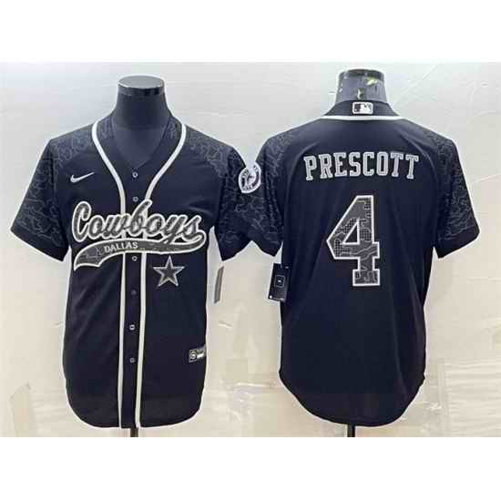 Men Dallas Cowboys #4 Dak Prescott Black Reflective With Patch Cool Base Stitched Baseball Jersey