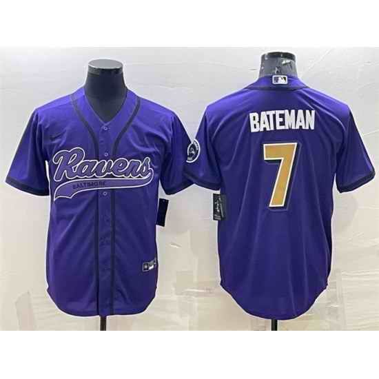 Men Baltimore Ravens #7 Rashod Bateman Purple Gold With Patch Cool Base Stitched Baseball Jersey