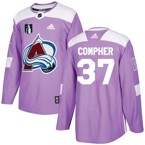 Adidas Colorado Avalanche #37 J.T. Compher Purple 2022 Stanley Cup Final Patch Authentic Fights Cancer Stitched NHL Jersey Men’s