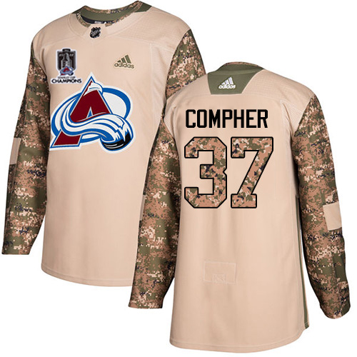 Adidas Colorado Avalanche #37 J.T. Compher Camo Authentic 2022 Stanley Cup Champions Veterans Day Stitched NHL Jersey Men’s
