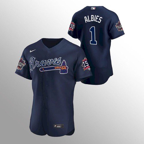Atlanta Atlanta Braves #1 Ozzie Albies Men’s Nike 150th Anniversary 2021 World Series Authentic MLB Jersey – Navy Men’s