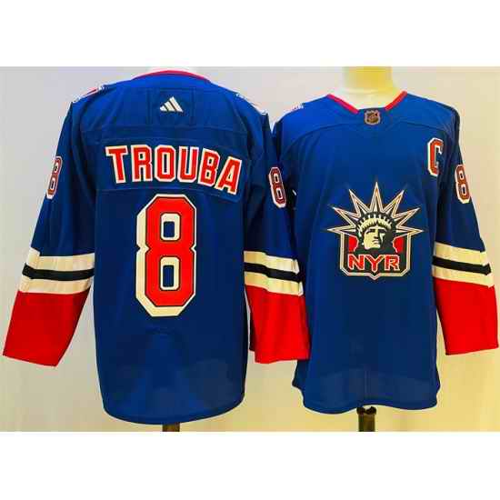 Men New York Rangers #8 Jacob Trouba Blue 2022 23 Reverse Retro Stitched Jersey