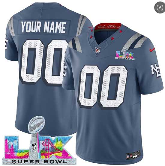 Men%27s New England Patriots Active Player Custom Storm Blue 2025 F.U.S.E. Super Bowl LX Patch %27Rivalries%27 Vapor Limited Stitched Jersey