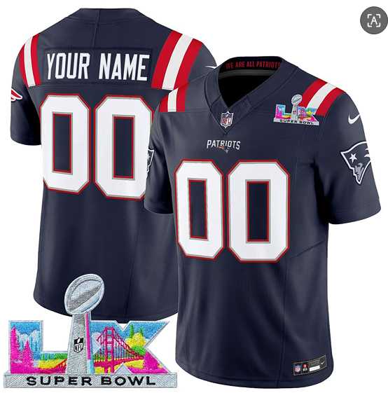 Men%27s New England Patriots Active Player Custom Navy 2025 F.U.S.E. Super Bowl LX Patch Vapor Limited Stitched Jersey