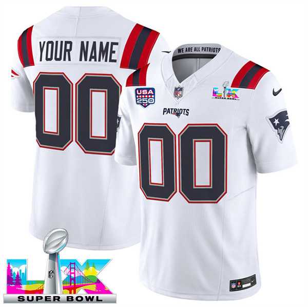 Men%27s New England Patriots Active Player Custom White 2025 F.U.S.E. Super Bowl LX & USA 250%27 Patch Vapor Limited Stitched Jersey