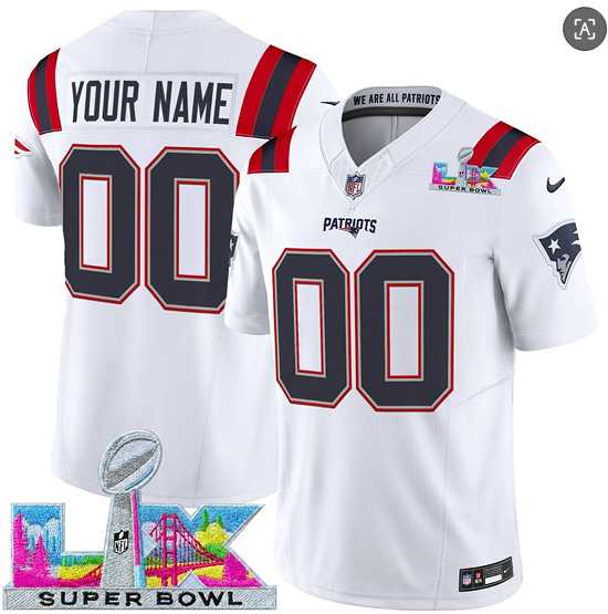Men%27s New England Patriots Active Player Custom White 2025 F.U.S.E. Super Bowl LX Patch Vapor Limited Stitched Jersey