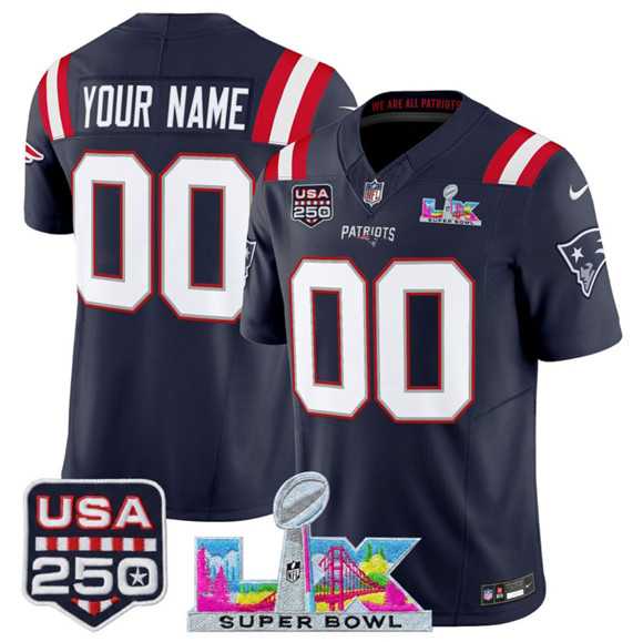 Men%27s New England Patriots Active Player Custom Navy 2025 F.U.S.E. Super Bowl LX & USA 250%27 Patch Vapor Limited Stitched Jersey