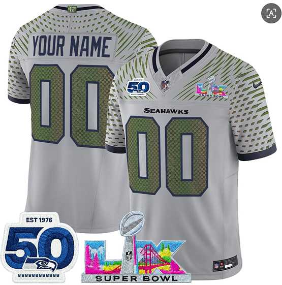 Men%27s Seattle Seahawks Active Player Custom Gray 2025 F.U.S.E. Super Bowl LX Patch And 50th Season Patch %27Rivalries%27 Vapor Limited Stitched Jersey