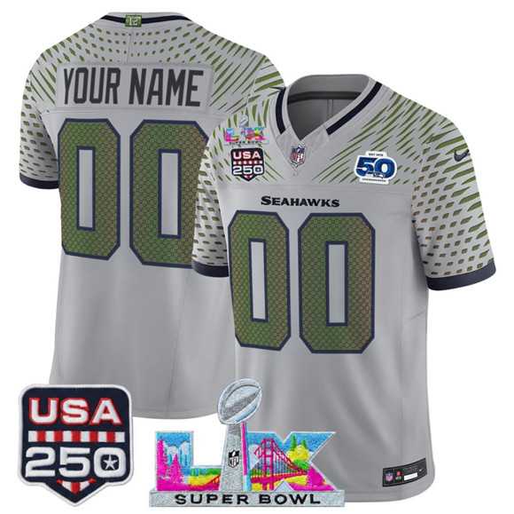 Men%27s Seattle Seahawks Active Player Custom Gray 2025 F.U.S.E. Super Bowl LX & US 250th anniversary Patch And 50th Season Patch %27Rivalries%27 Vapor Limited Stitched Jersey