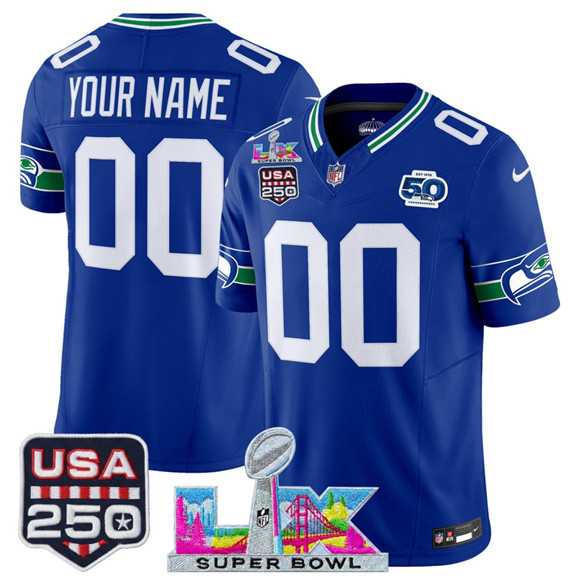 Men%27s Seattle Seahawks Active Player Custom Royal 2025 F.U.S.E. Super Bowl LX & US 250th anniversary Patch And 50th Season Patch Vapor Throwback Limited Stitched Jersey