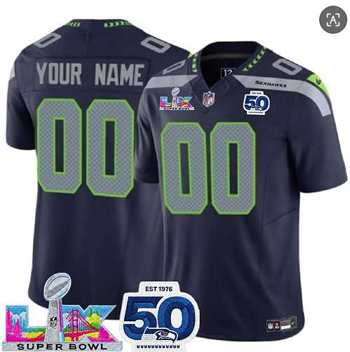 Men%27s Seattle Seahawks Active Player Custom Navy 2025 F.U.S.E. Super Bowl LX Patch And 50th Season Patch Vapor Limited Stitched Jersey
