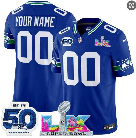 Men%27s Seattle Seahawks Active Player Custom Royal 2025 F.U.S.E. Super Bowl LX Patch And 50th Season Patch Vapor Throwback Limited Stitched Jersey