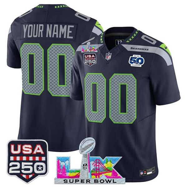 Men%27s Seattle Seahawks Active Player Custom Navy 2025 F.U.S.E. Super Bowl LX Patch 50th Season & USA 250%27 Patch Vapor Limited Stitched Jersey