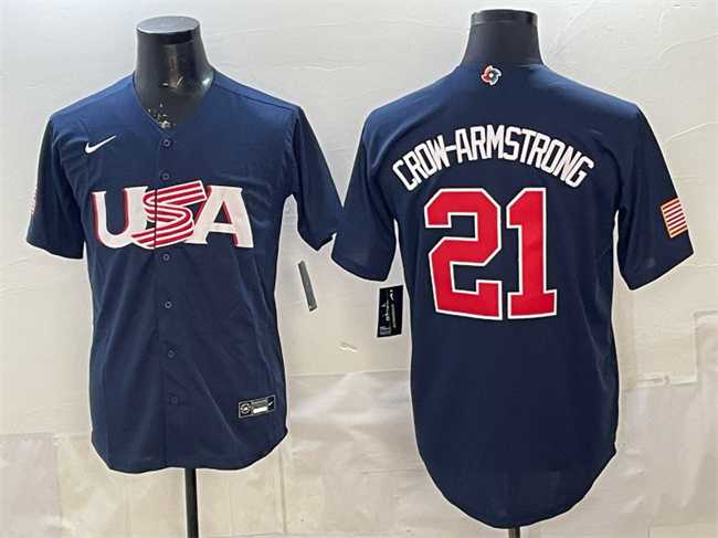 Men%27s USA #21 Pete Crow-Armstrong Navy World Baseball Classic Stitched Jersey
