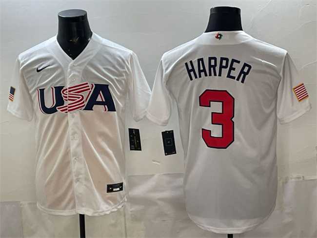 Men%27s USA #3 Bryce Harper White World Baseball Classic Stitched Jersey